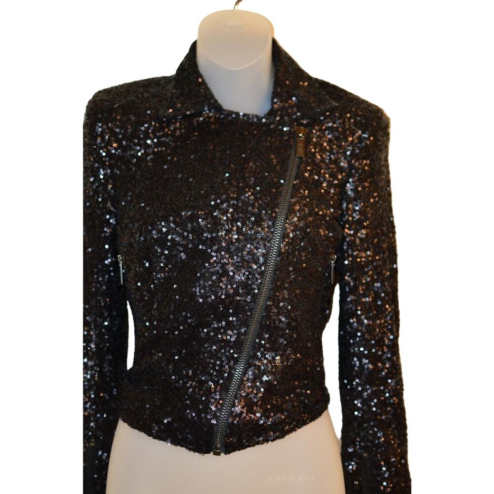 Karl Lagerfeld FR 34 IT 38 US P Jacket Allover Sequin Black Shiny Zipper Holiday
